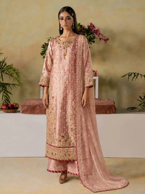 Pink Embroidered Kurta Set with Net Dupatta for Events