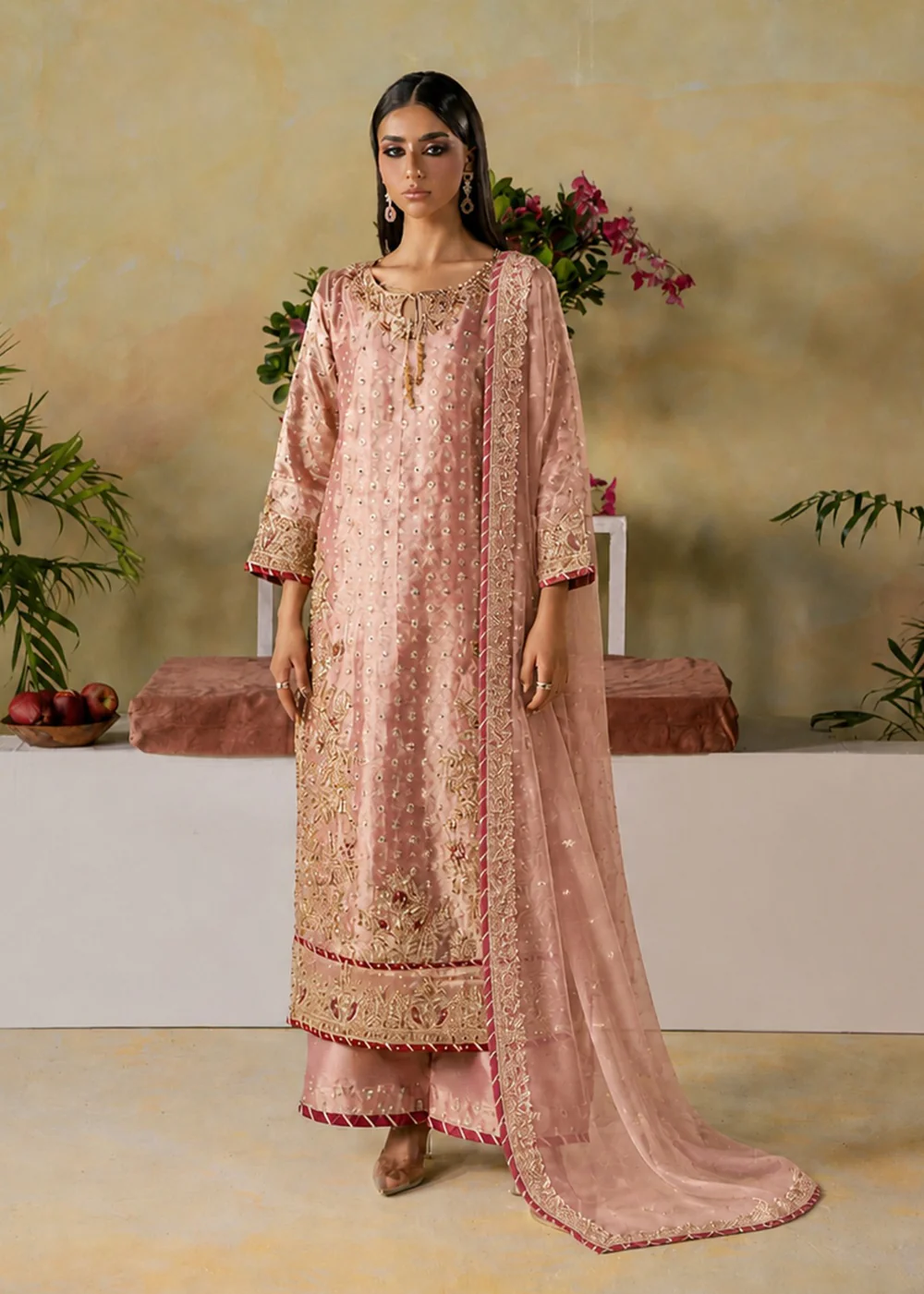Pink Embroidered Kurta Set with Net Dupatta for Events