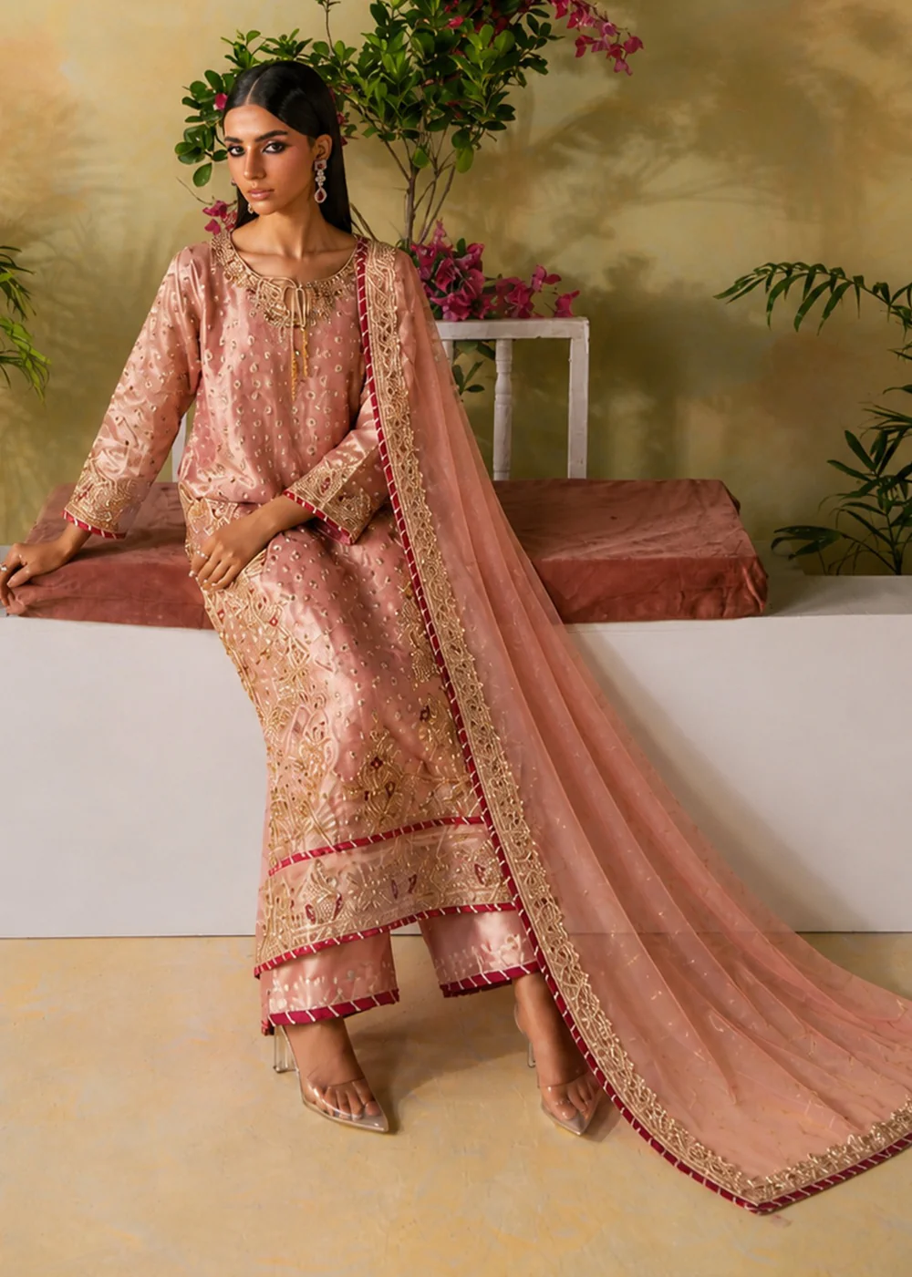 Pink Embroidered Kurta Set with Net Dupatta for Events - Image 3