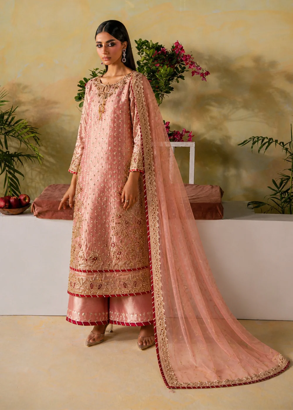 Pink Embroidered Kurta Set with Net Dupatta for Events - Image 6