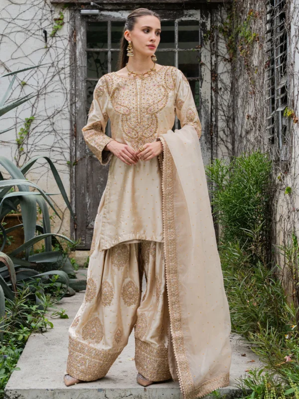 Beige Farshi Suit with Gold Embroidery & Dupatta