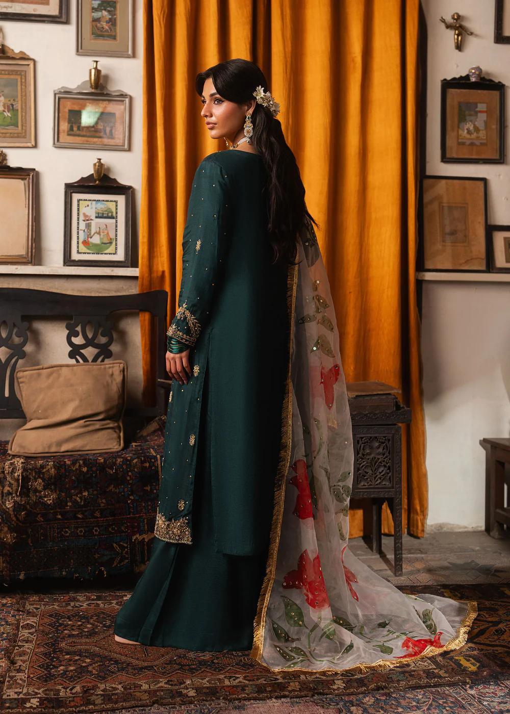 Bottle Green Pakistani Formal Chiffon Suit Ireland - Image 4