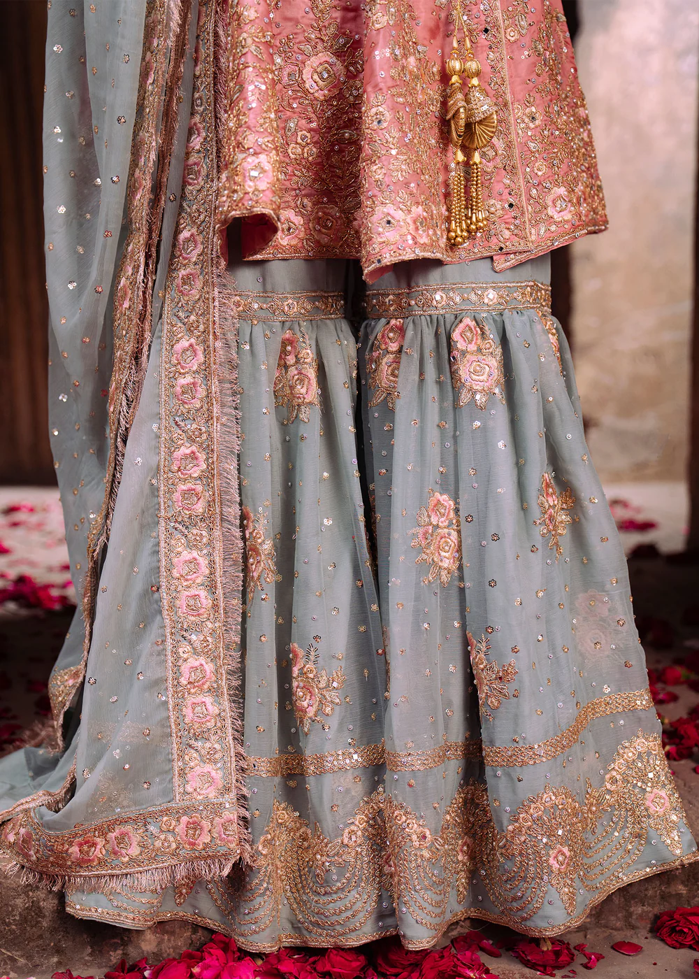 Rose Pink Embroidered Gharara Suit Ireland Formal Wear - Image 6