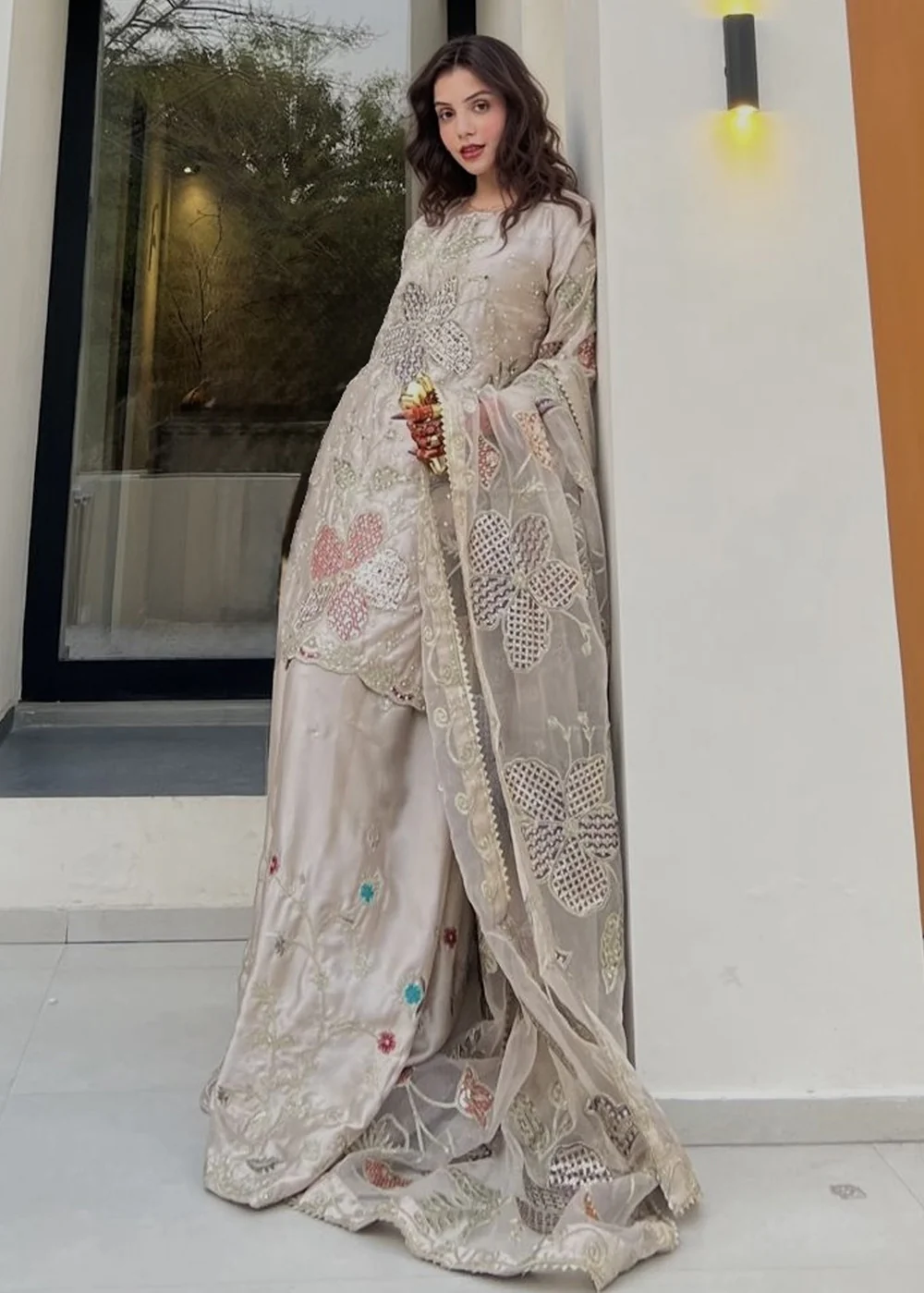 Champagne Floral Party Wear Suit in Ireland for Women - Image 8