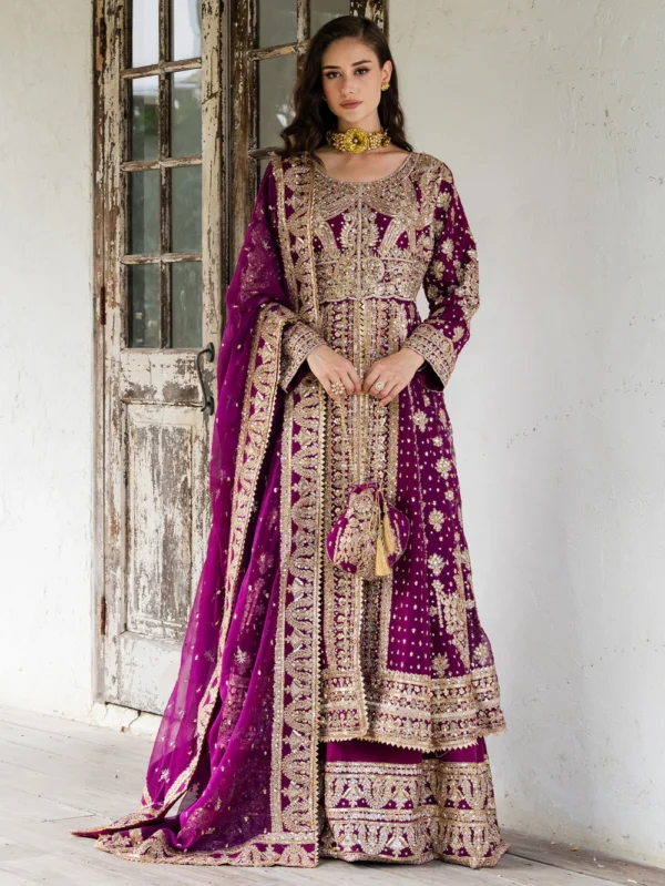 Plum Chiffon Maxi Suit with Gold Embroidery & Dupatta