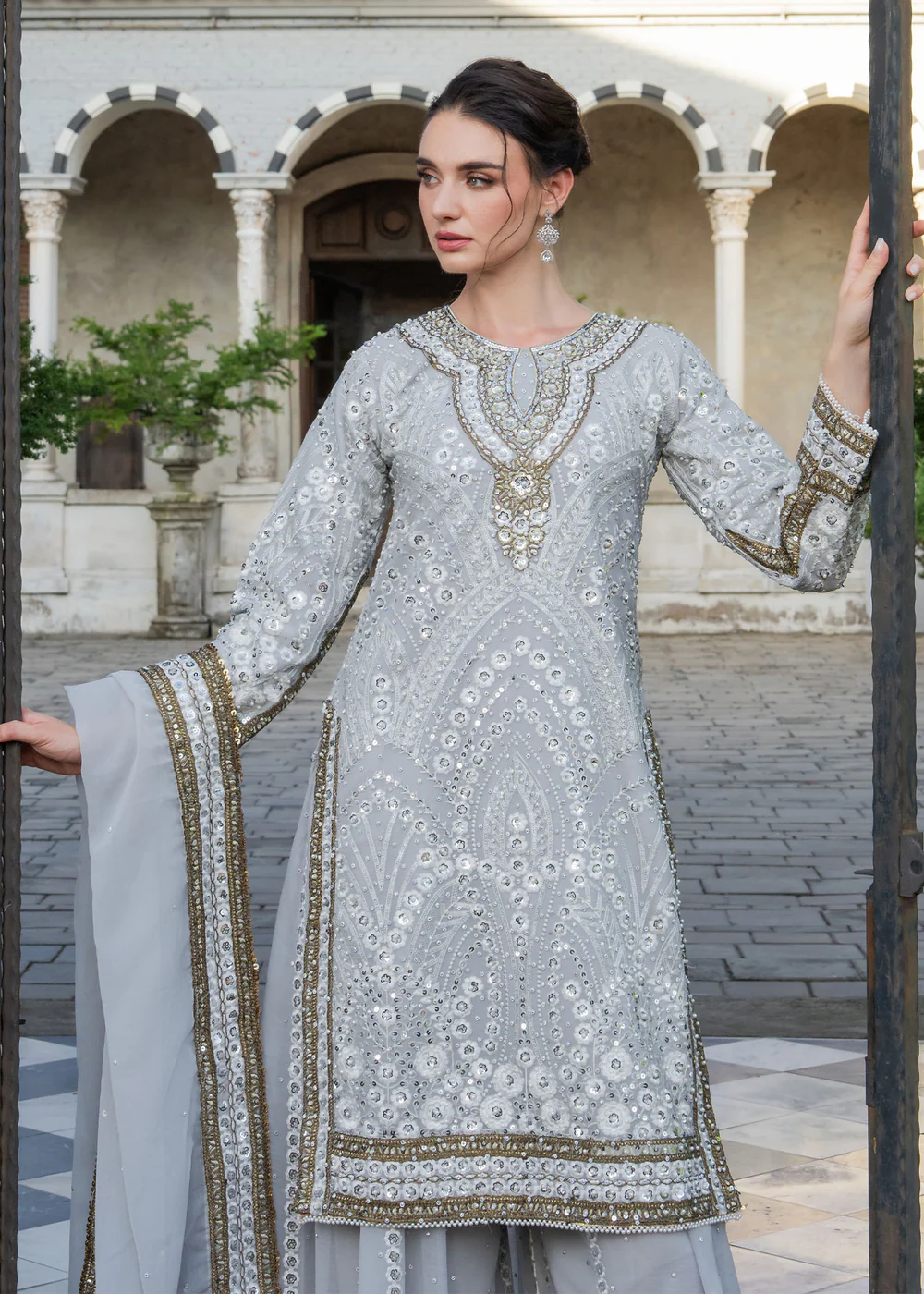 Duck Egg Grey Chiffon Party Wear Suit in Ireland - Image 8