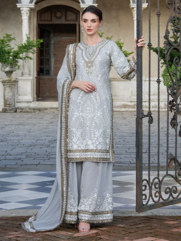 Duck Egg Grey Chiffon Party Wear Suit in Ireland