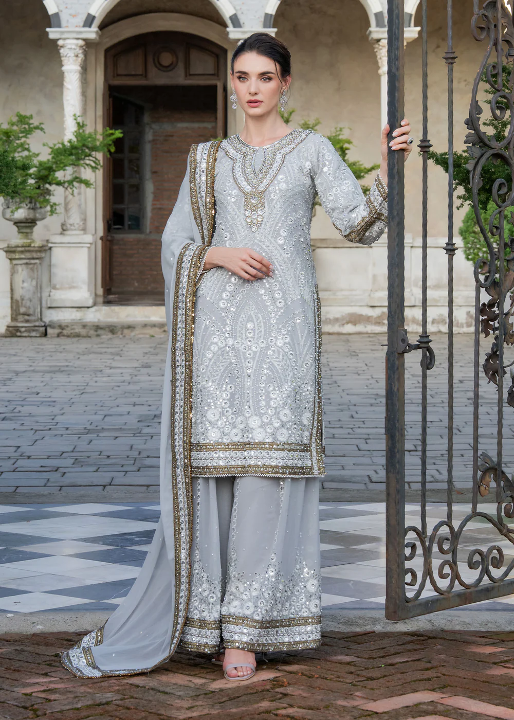 Duck Egg Grey Chiffon Party Wear Suit in Ireland
