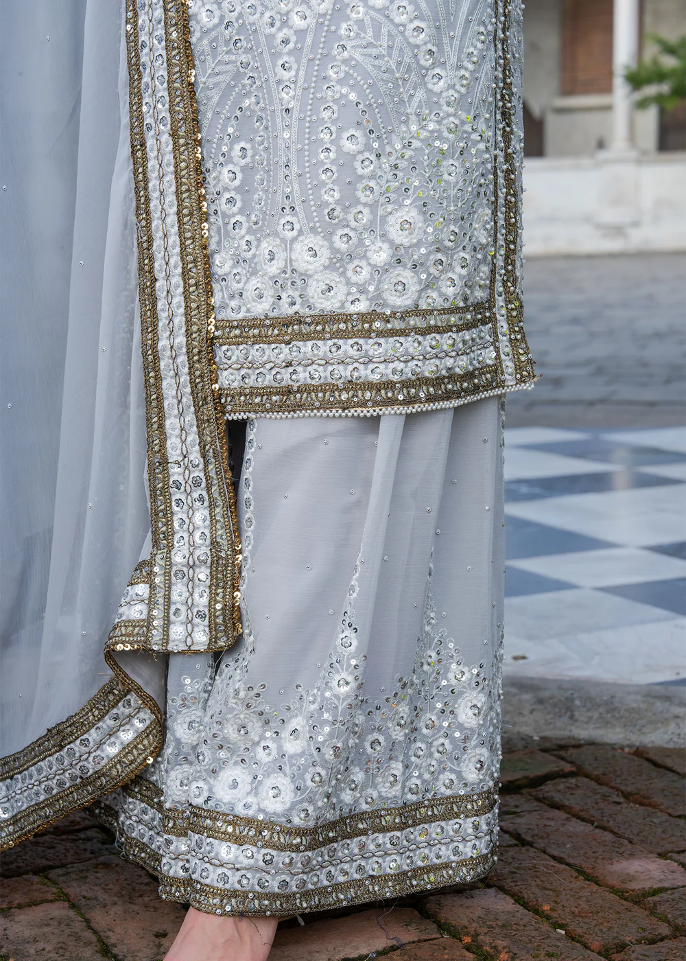 Duck Egg Grey Chiffon Party Wear Suit in Ireland - Image 3