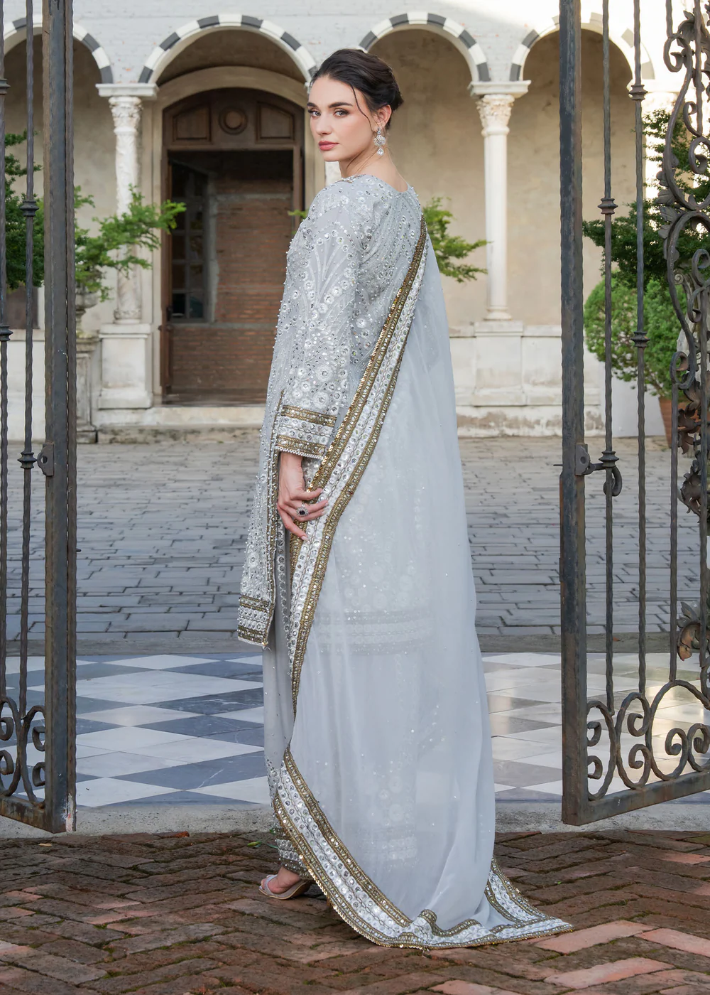Duck Egg Grey Chiffon Party Wear Suit in Ireland - Image 5