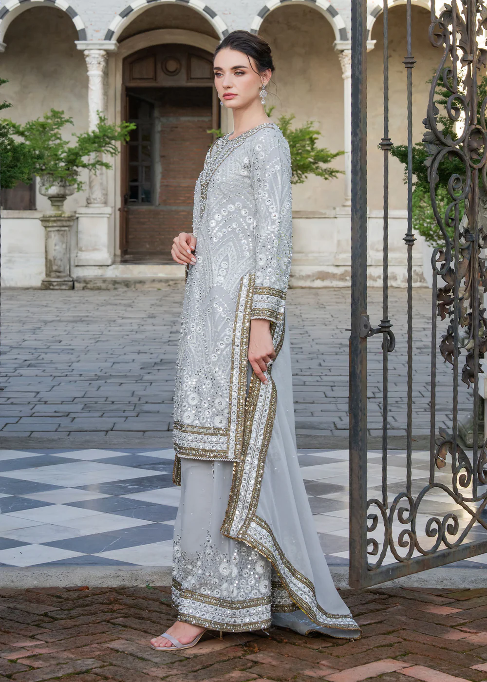 Duck Egg Grey Chiffon Party Wear Suit in Ireland - Image 2