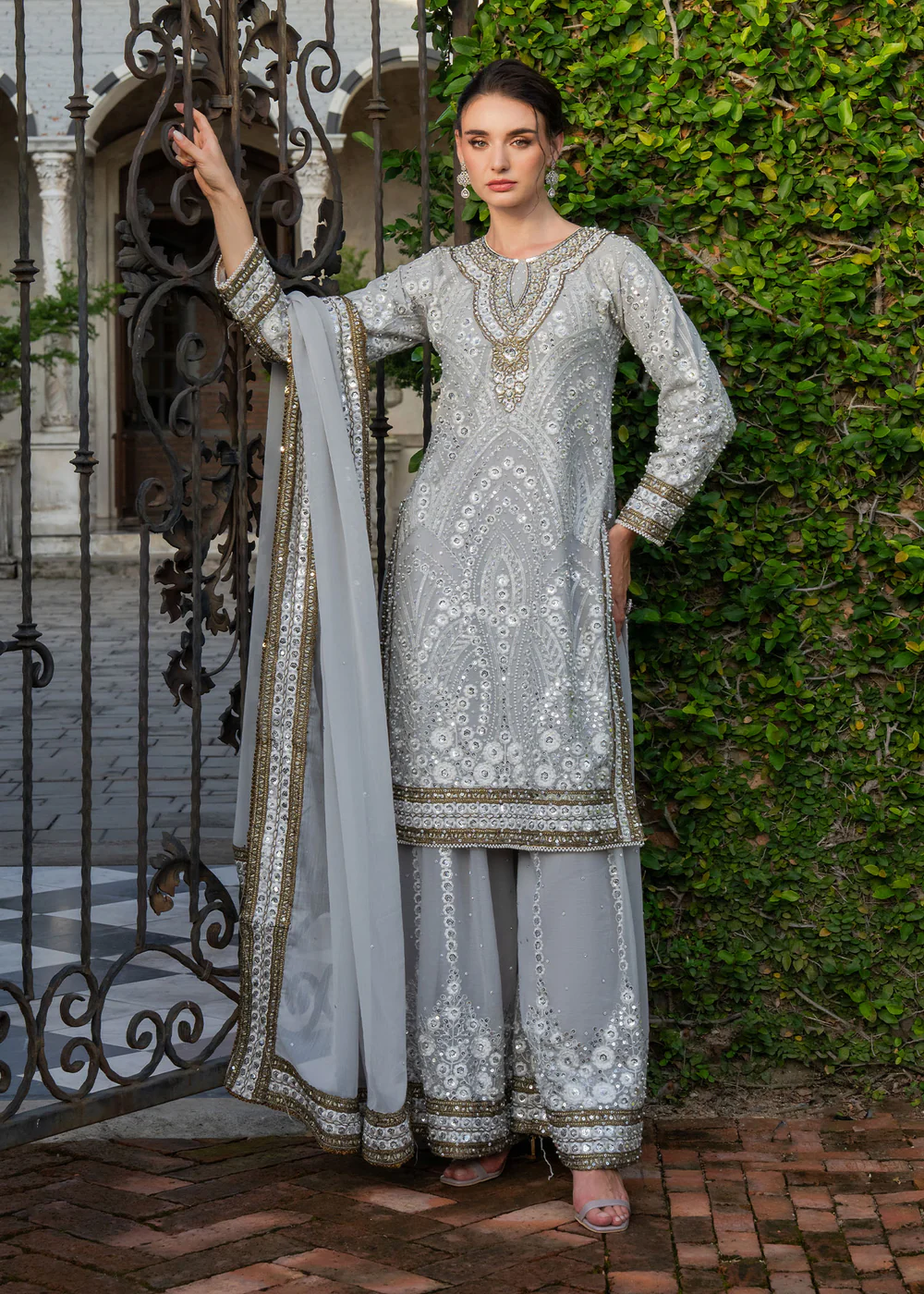 Duck Egg Grey Chiffon Party Wear Suit in Ireland - Image 7