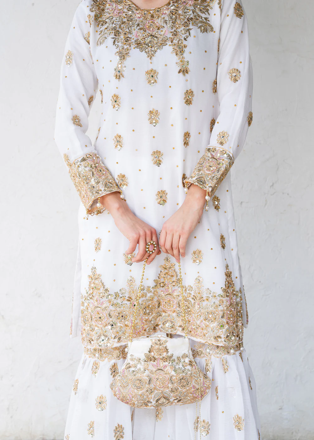 Ivory Chiffon Gharara Suit with Organza Dupatta Set - Image 4