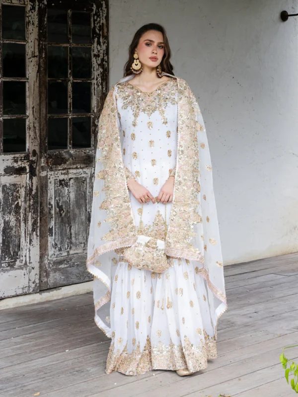 Ivory Chiffon Gharara Suit with Organza Dupatta Set
