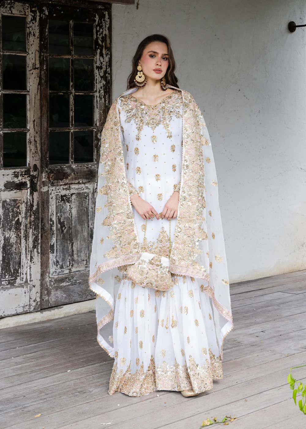 Ivory Chiffon Gharara Suit with Organza Dupatta Set