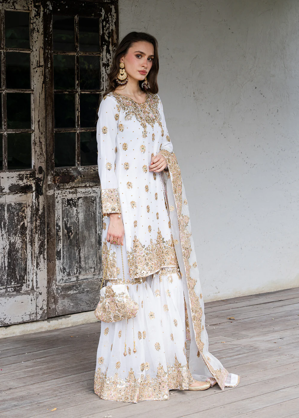 Ivory Chiffon Gharara Suit with Organza Dupatta Set - Image 6