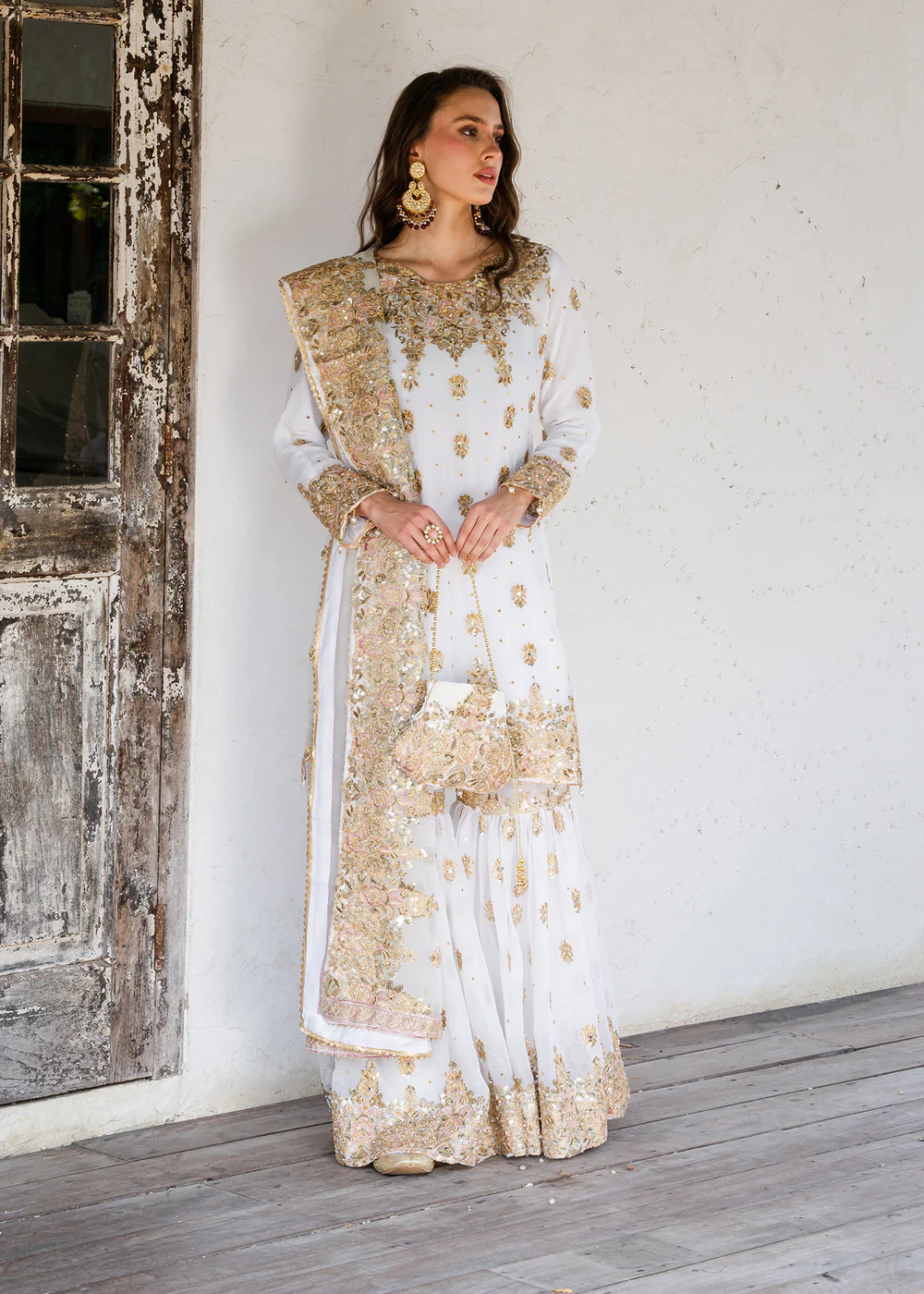 Ivory Chiffon Gharara Suit with Organza Dupatta Set - Image 3