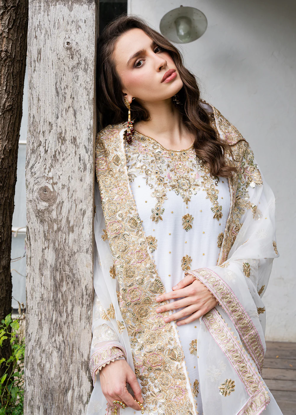 Ivory Chiffon Gharara Suit with Organza Dupatta Set - Image 9