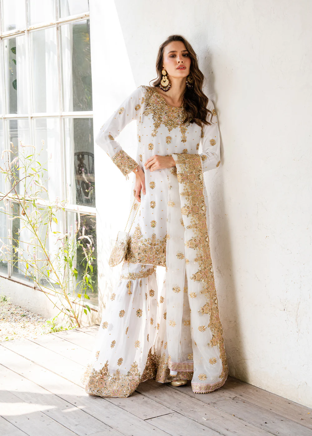 Ivory Chiffon Gharara Suit with Organza Dupatta Set - Image 2