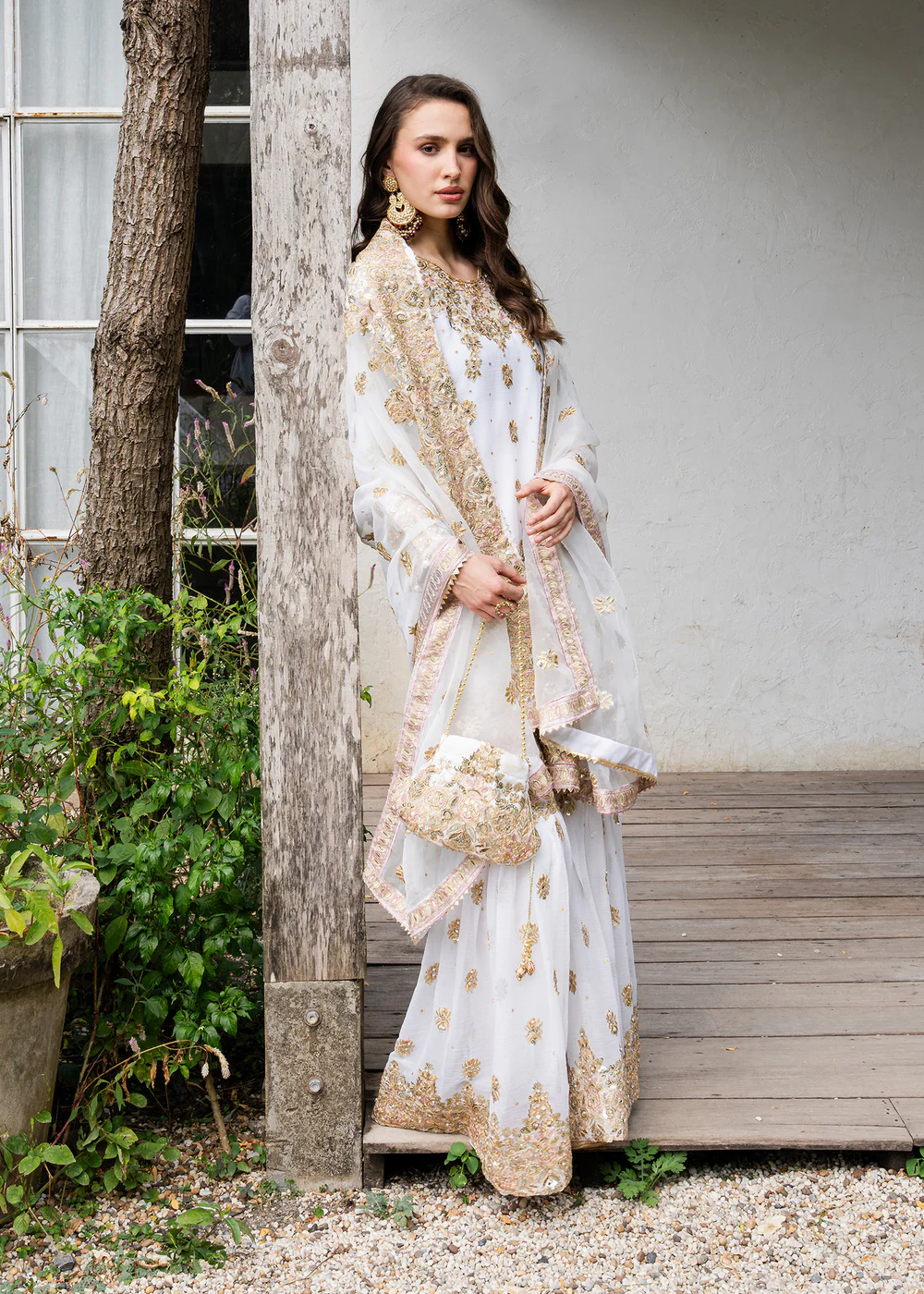 Ivory Chiffon Gharara Suit with Organza Dupatta Set - Image 7