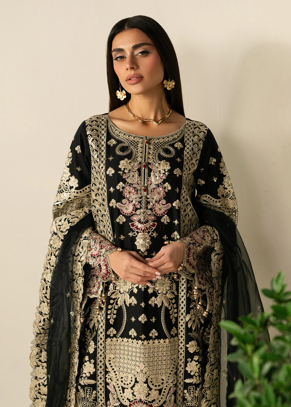 Black Embroidered Lawn Straight Kurta Suit with Dupatta - Image 9