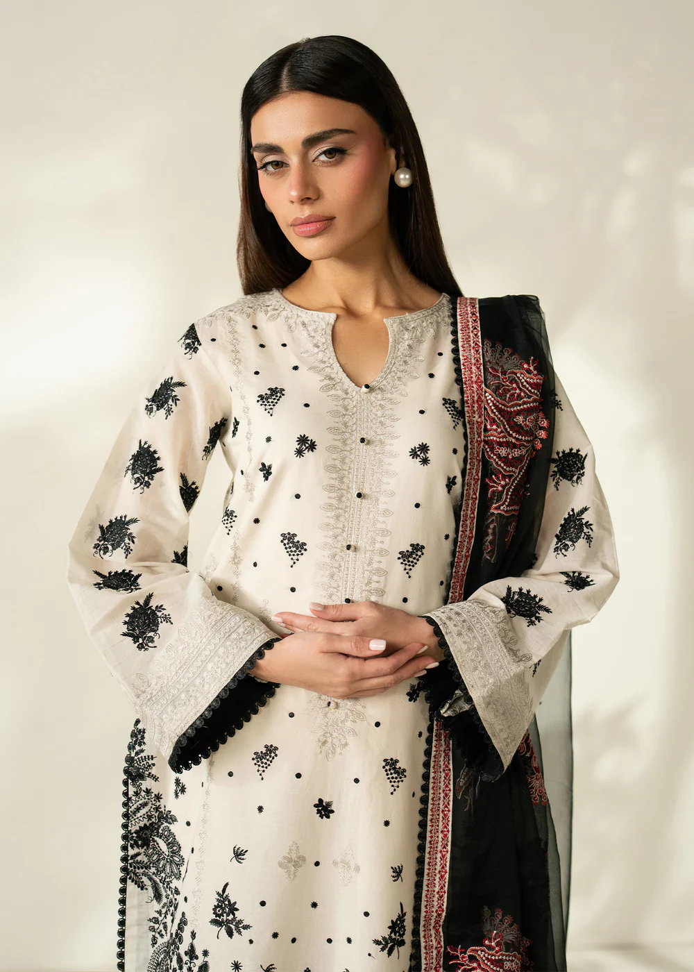 Ivory Lawn Straight Kurta Suit with Embellished Dupatta - Image 8