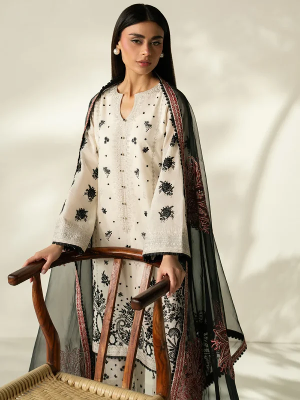 Ivory Lawn Straight Kurta Suit with Embellished Dupatta