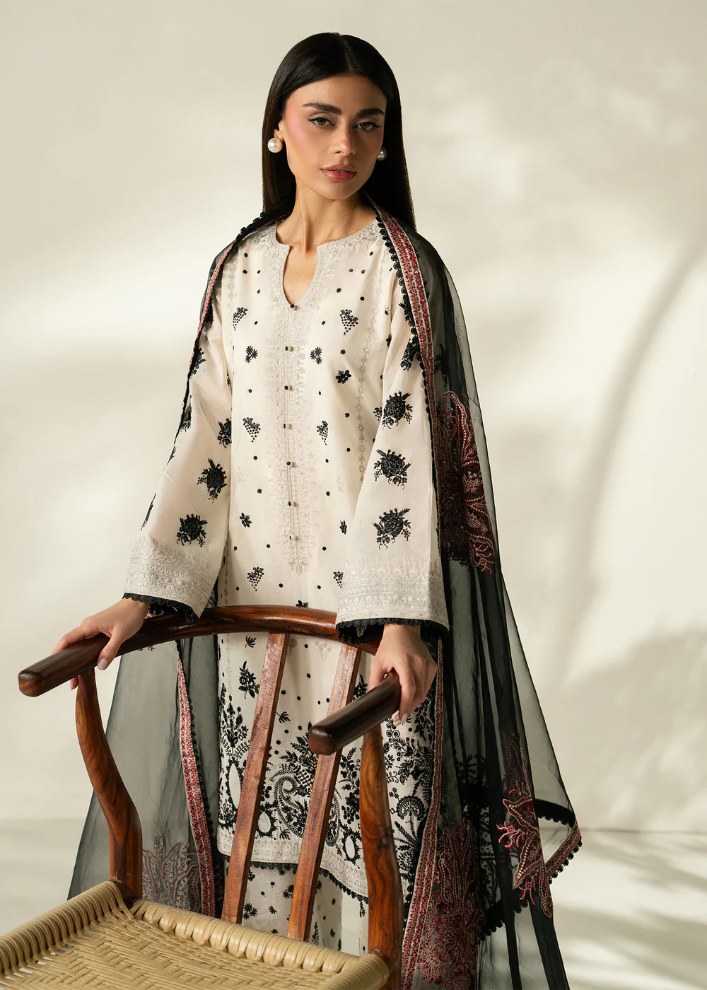 Ivory Lawn Straight Kurta Suit with Embellished Dupatta