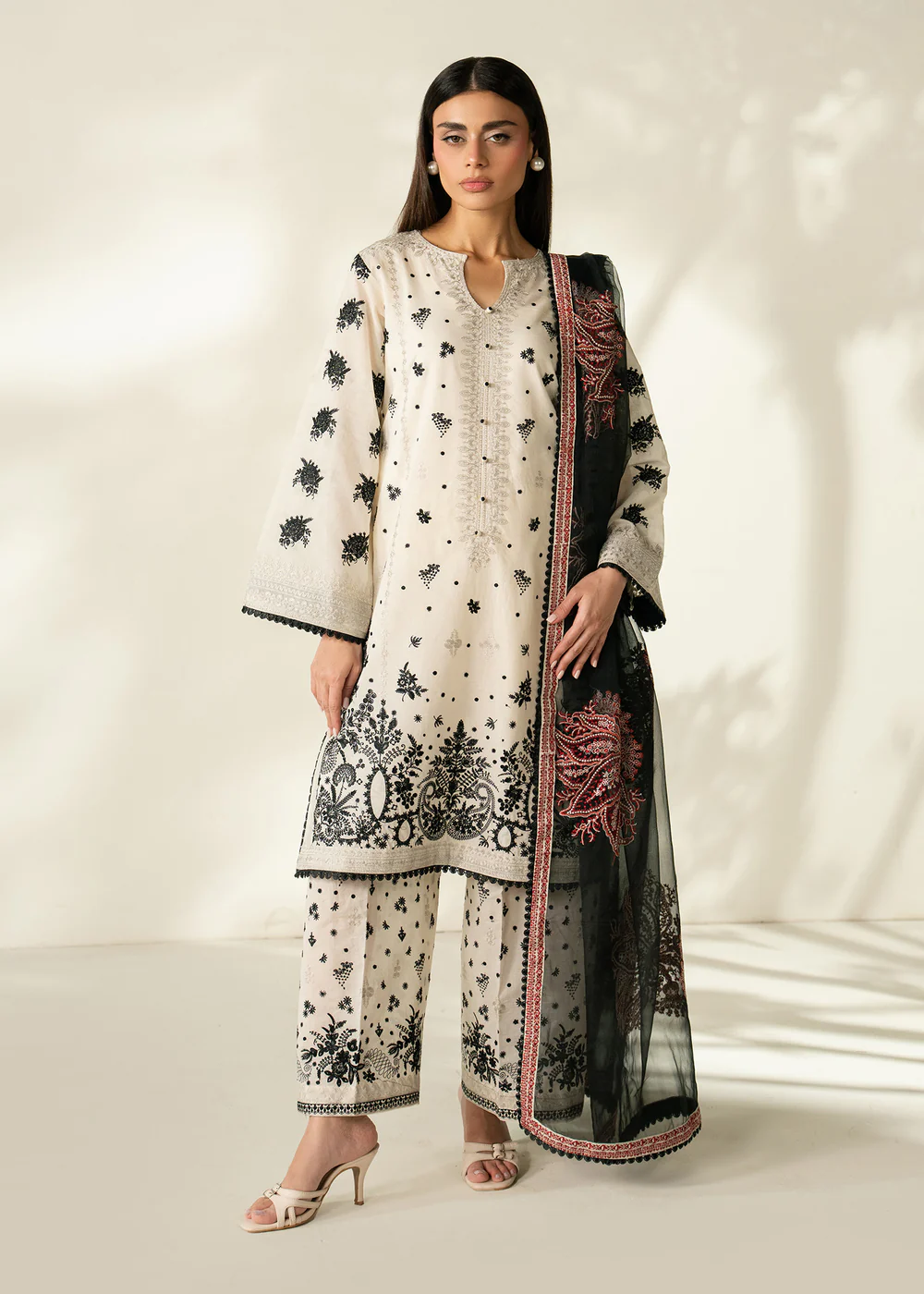 Ivory Lawn Straight Kurta Suit with Embellished Dupatta - Image 9