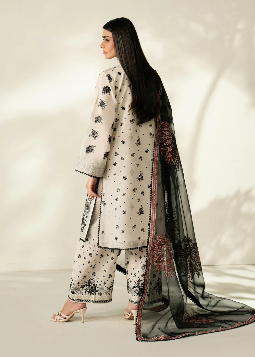 Ivory Lawn Straight Kurta Suit with Embellished Dupatta - Image 3