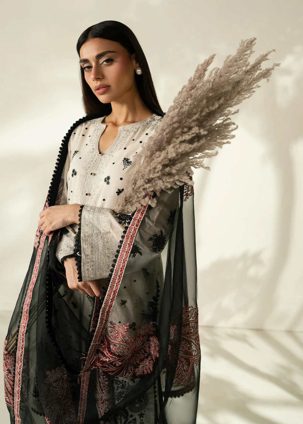 Ivory Lawn Straight Kurta Suit with Embellished Dupatta - Image 6