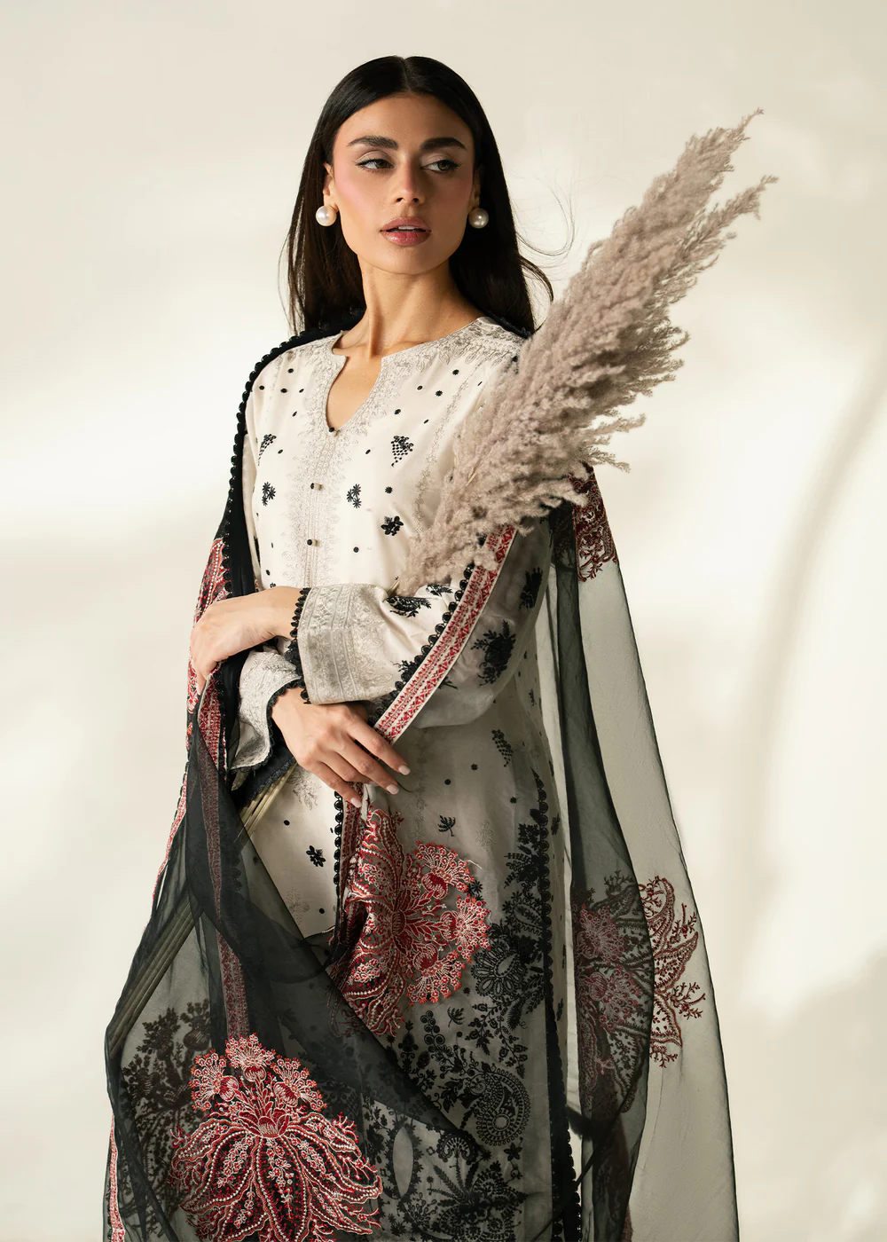 Ivory Lawn Straight Kurta Suit with Embellished Dupatta - Image 4