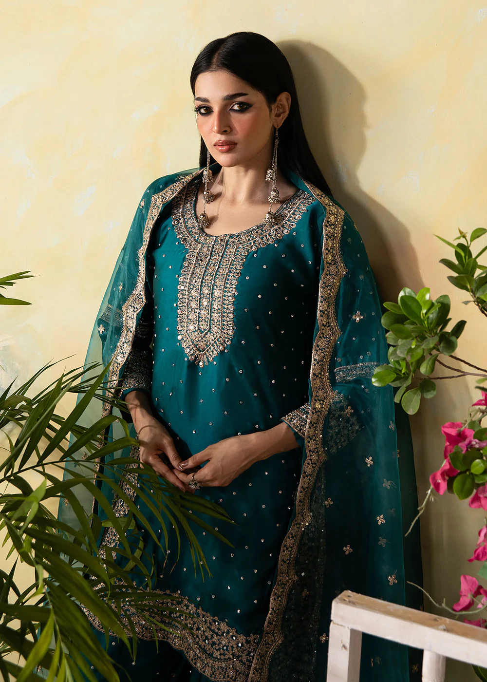 Teal Embroidered Silk Charmeuse Kurta Set with Dupatta - Image 6