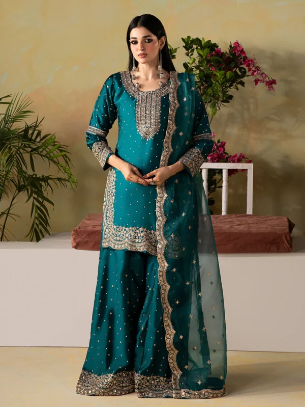 Teal Embroidered Silk Charmeuse Kurta Set with Dupatta