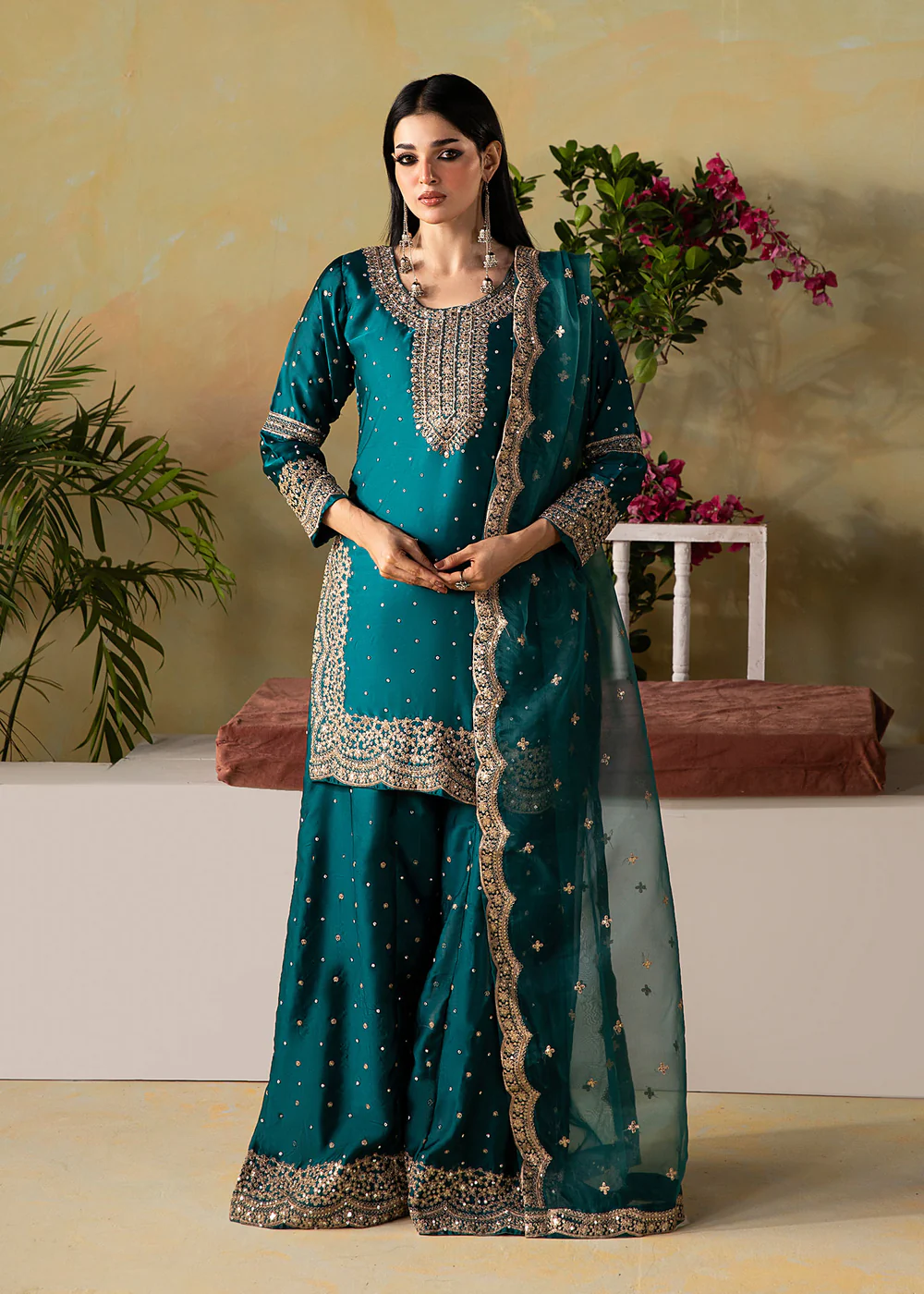 Teal Embroidered Silk Charmeuse Kurta Set with Dupatta