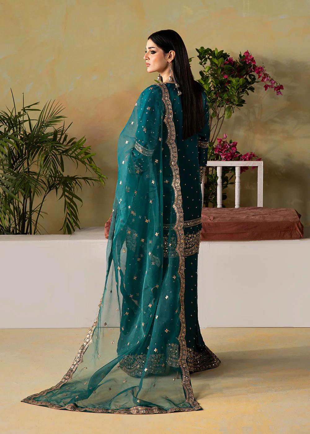 Teal Embroidered Silk Charmeuse Kurta Set with Dupatta - Image 10