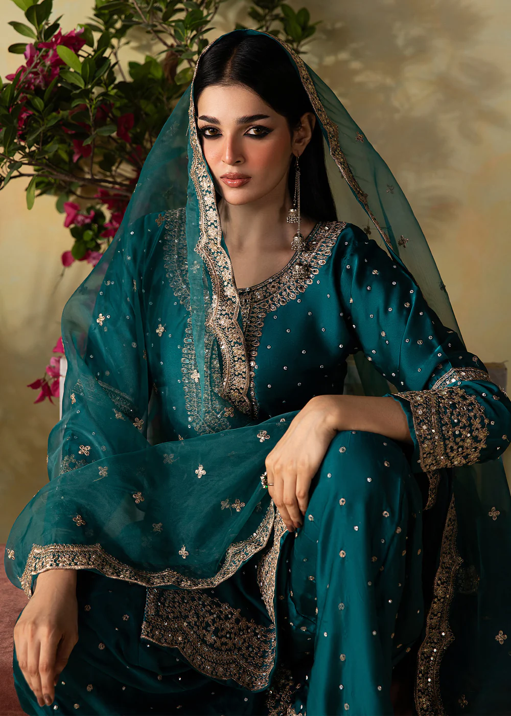 Teal Embroidered Silk Charmeuse Kurta Set with Dupatta - Image 3