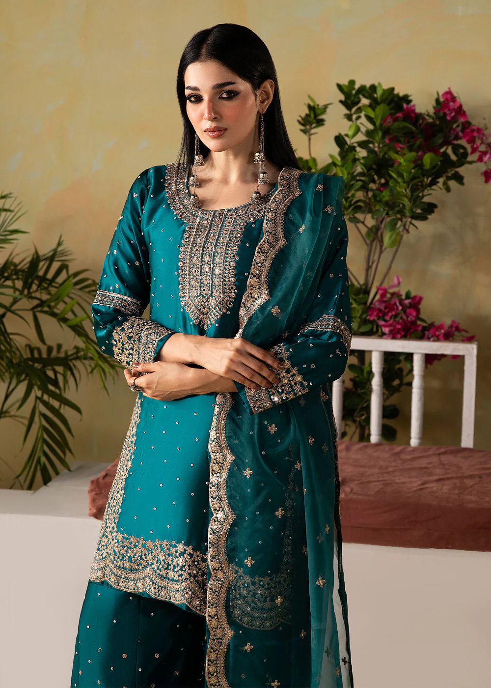 Teal Embroidered Silk Charmeuse Kurta Set with Dupatta - Image 12