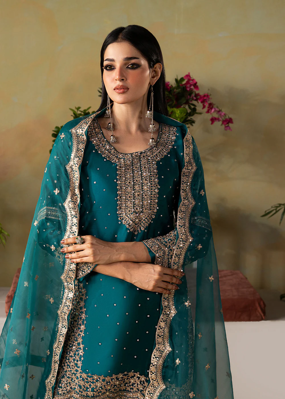 Teal Embroidered Silk Charmeuse Kurta Set with Dupatta - Image 9