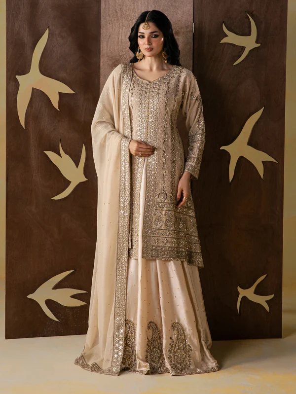 Beige Embroidered Chiffon Lehenga Suit with Dupatta