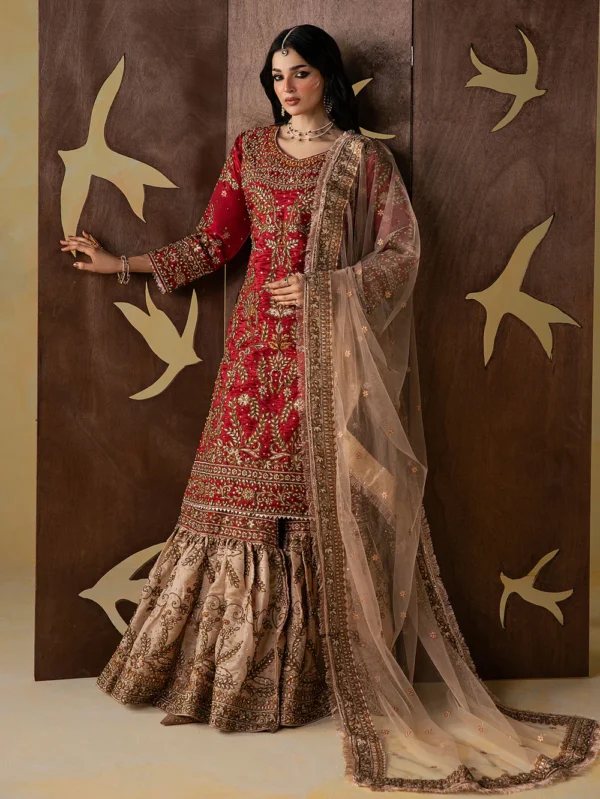 Ruby Red Embroidered Gharara Suit with Net Dupatta