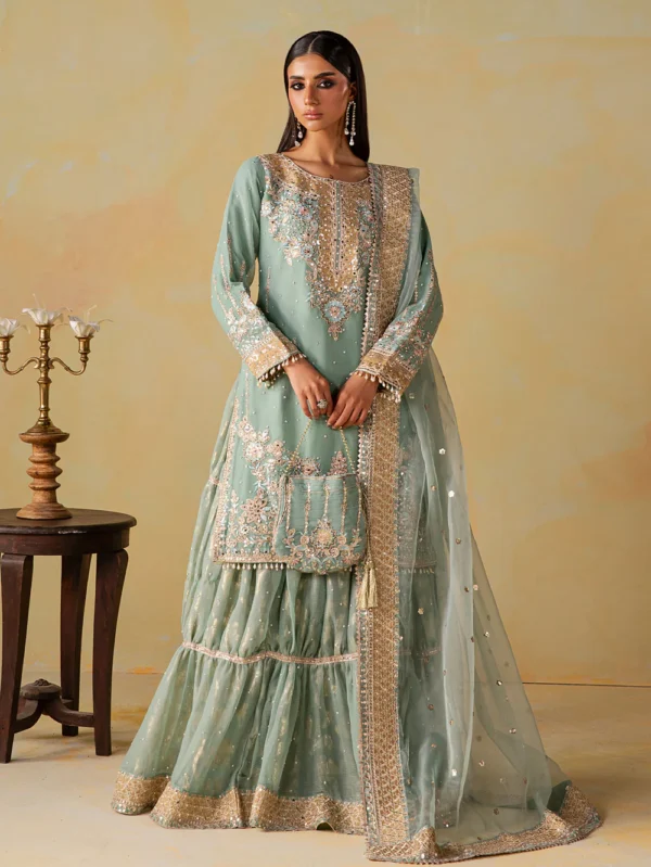 Sea Green Embroidered Chiffon Gharara Suit Set