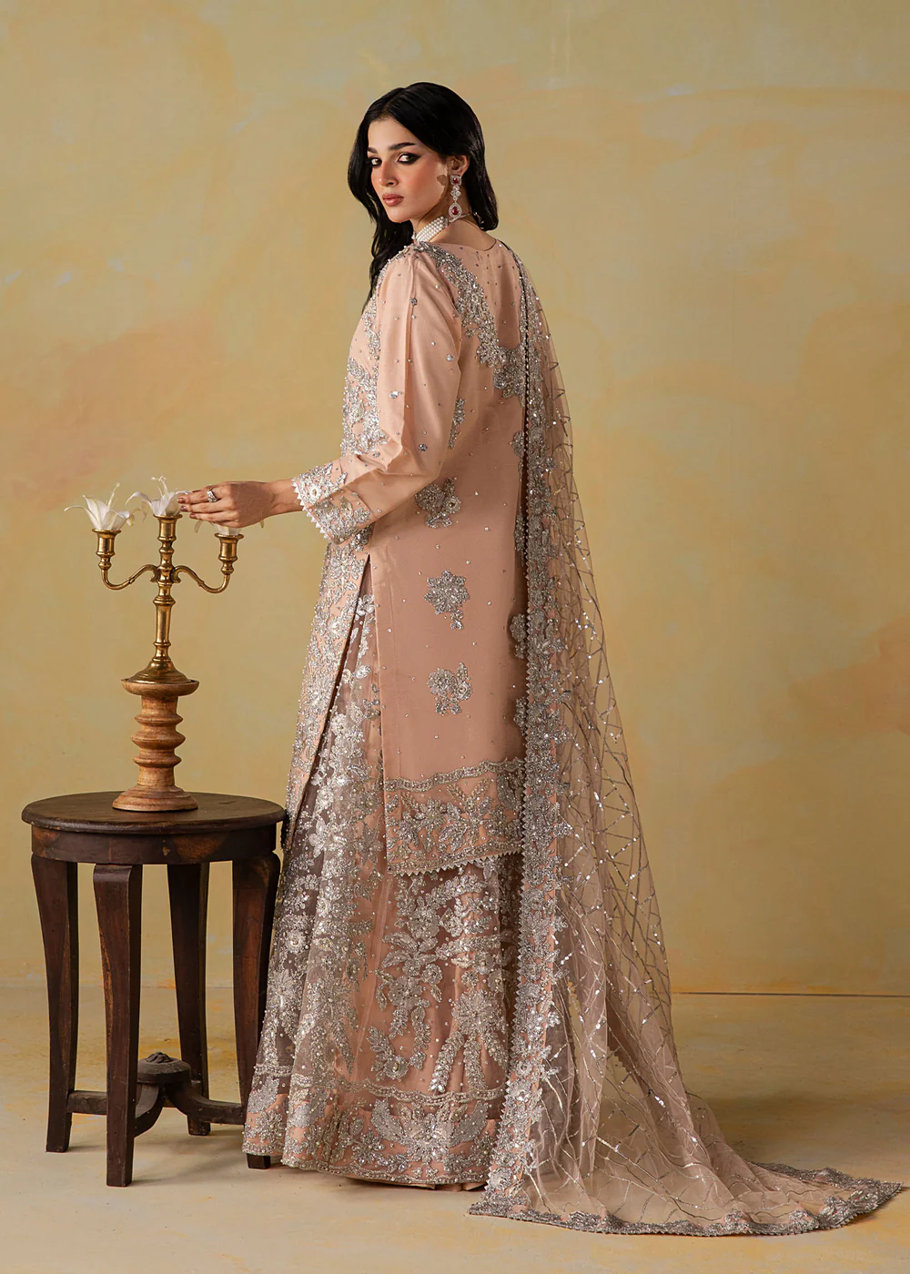 Peach Pink Embroidered Net Gharara Suit for Weddings - Image 3