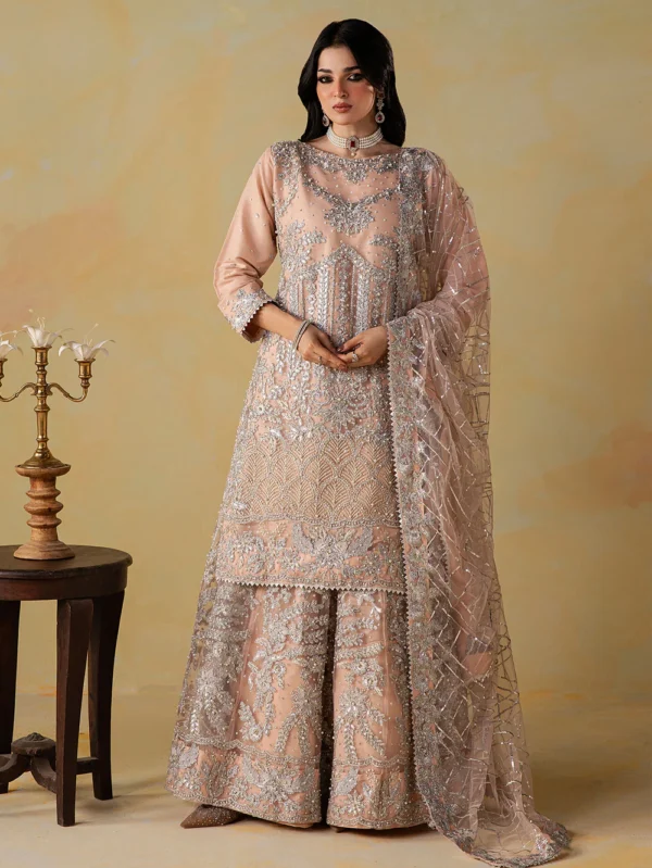 Peach Pink Embroidered Net Gharara Suit for Weddings