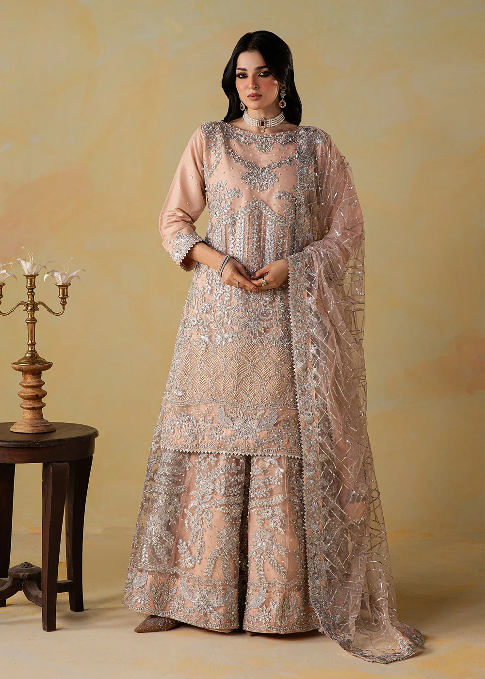 Peach Pink Embroidered Net Gharara Suit for Weddings