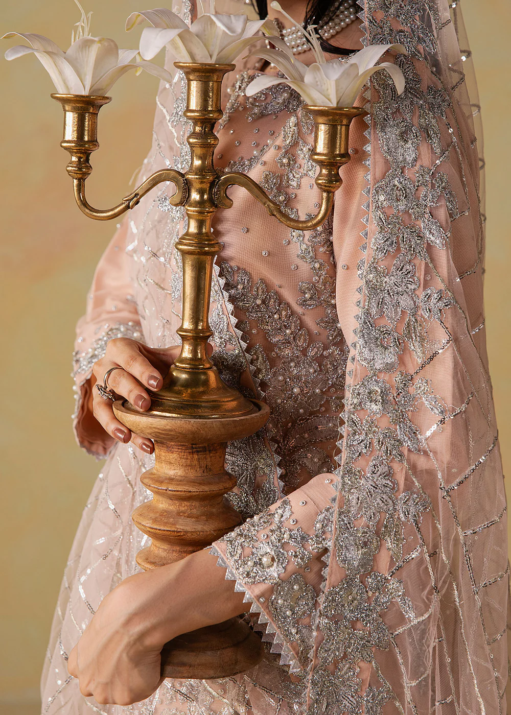 Peach Pink Embroidered Net Gharara Suit for Weddings - Image 5