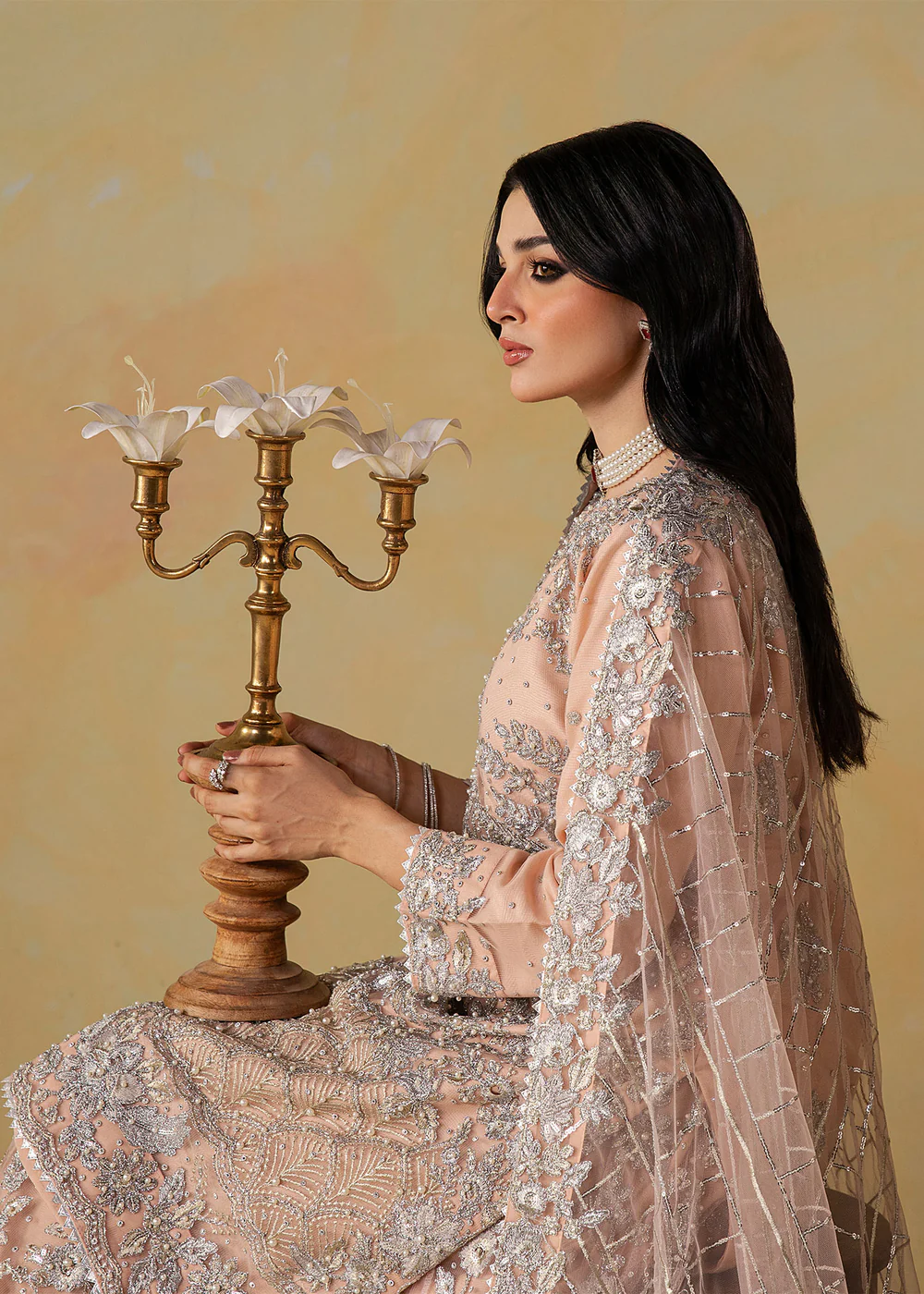Peach Pink Embroidered Net Gharara Suit for Weddings - Image 4