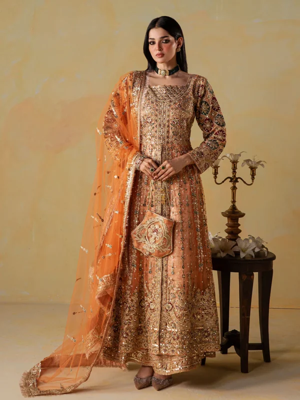 Peach Orange Embroidered Net Maxi Suit with Potli