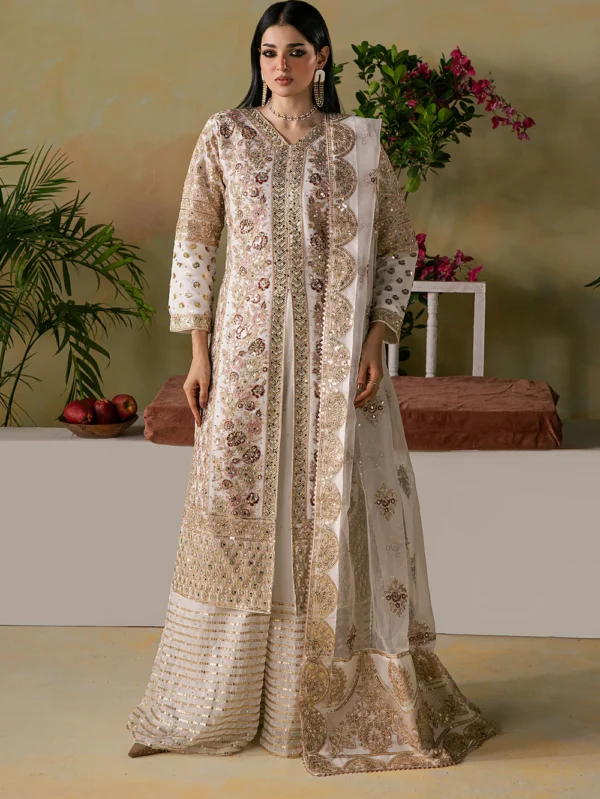 Off-White Embroidered Chiffon Palazzo Suit Set