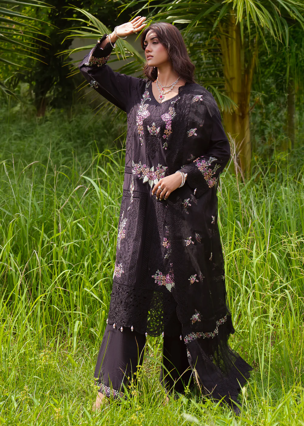 Black Embroidered Cambric Suit Ireland Party Wear - Image 6